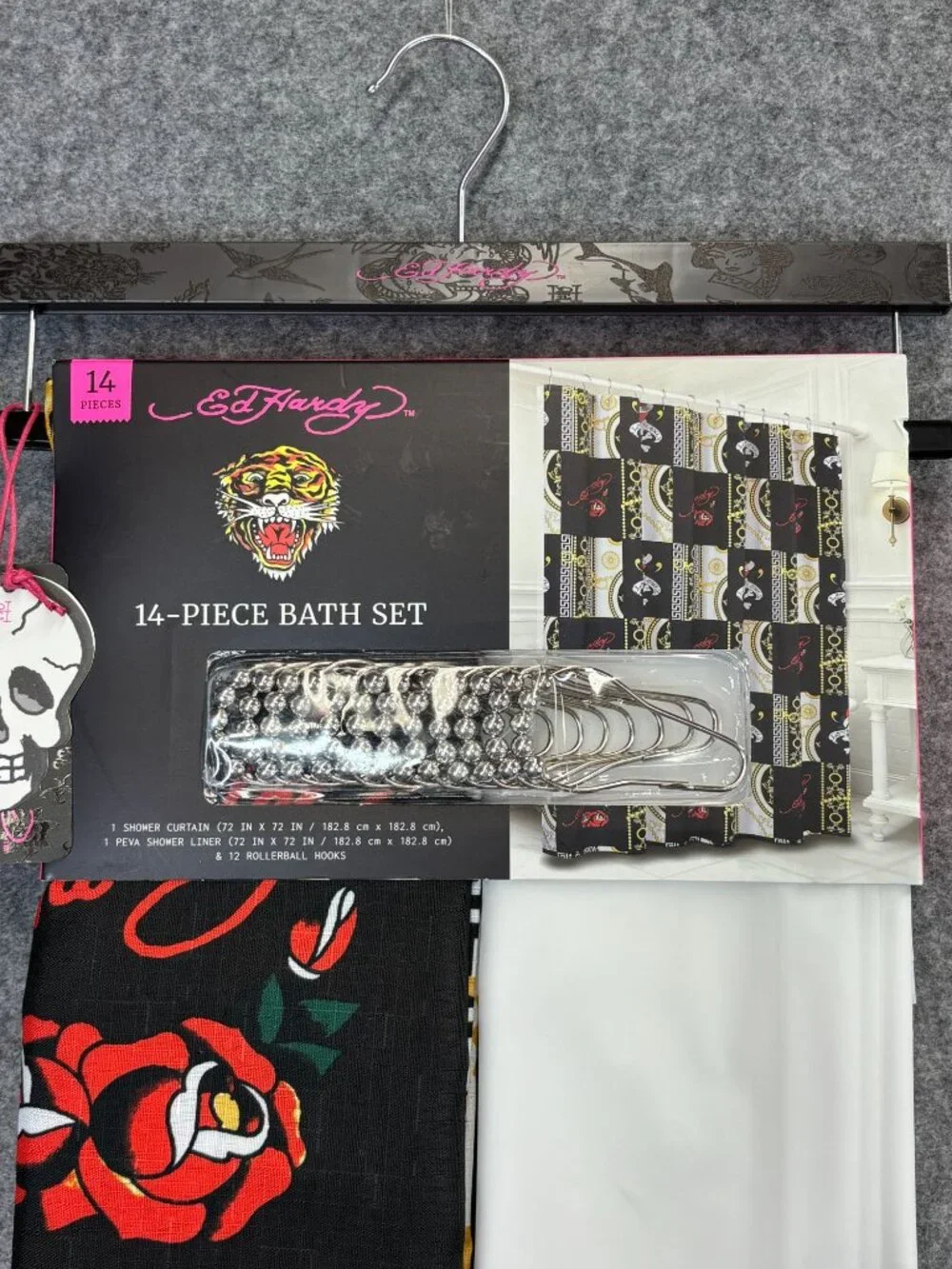 Ed Hardy Shower Curtain Set w 14 Piece w Hooks & Liner Black White Love Slowly